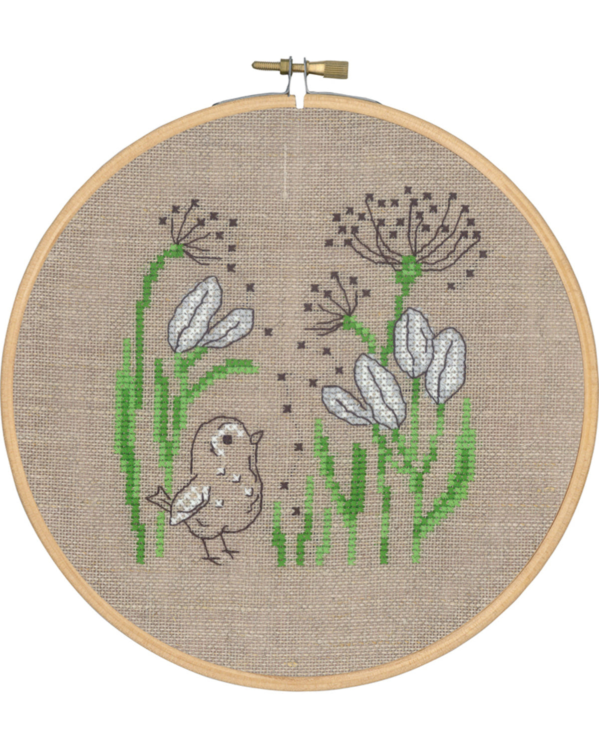 Fugl ved blomster – Broderikit (Ø18 cm)
